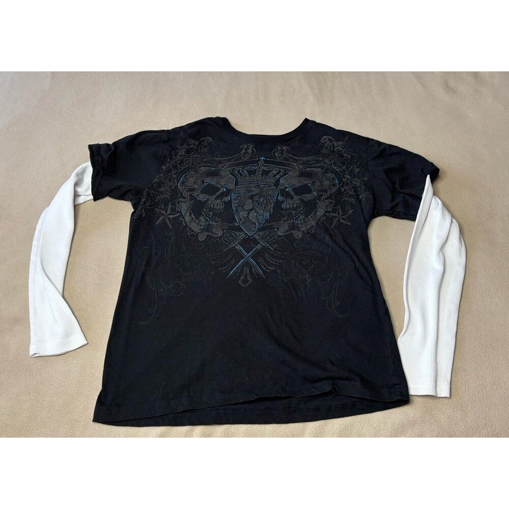 MMA Elite Vintage Y2K Men's Long Sleeve Skulls Swords Black Shirt Size L
